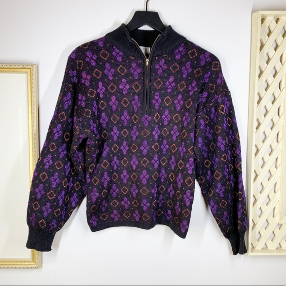 Vintage Patterned Quarter Zip Sweater S